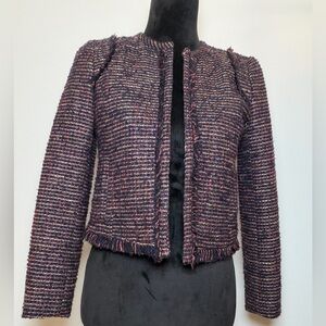 Banana Republic Petite Tweed Jacket Fringe Trim Open Front Size